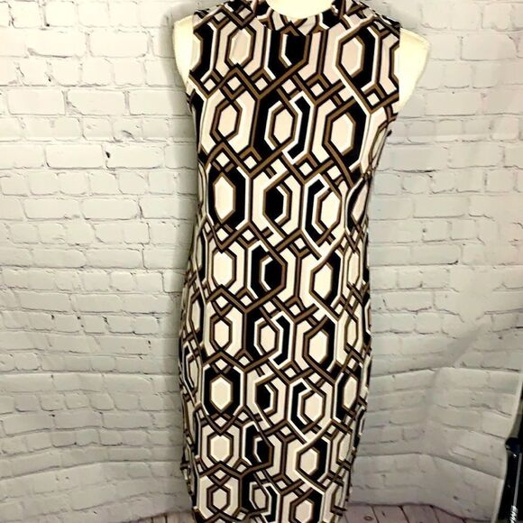 INC Brown Black Cream Geometric Fitted Dress - S - Picture 1 of 4